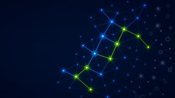 Abstract data network in blue and green showing disconnected nodes, illustrating CRM data governance gaps at asset managers