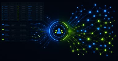 Abstract data network diagram showing advisor prospecting data flows for asset managers, in blue and neon green on dark background.