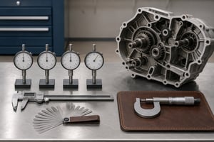 Precision gauges and tools laid out for engine calibration, symbolizing data quality for asset managers.