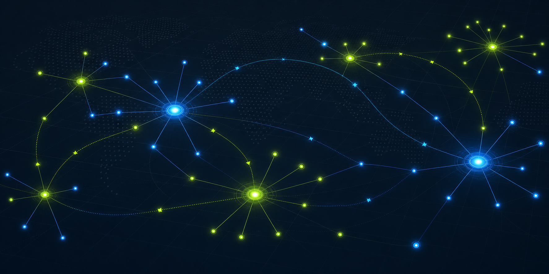 Network of glowing blue and green data nodes representing advisor movement data flowing between firms