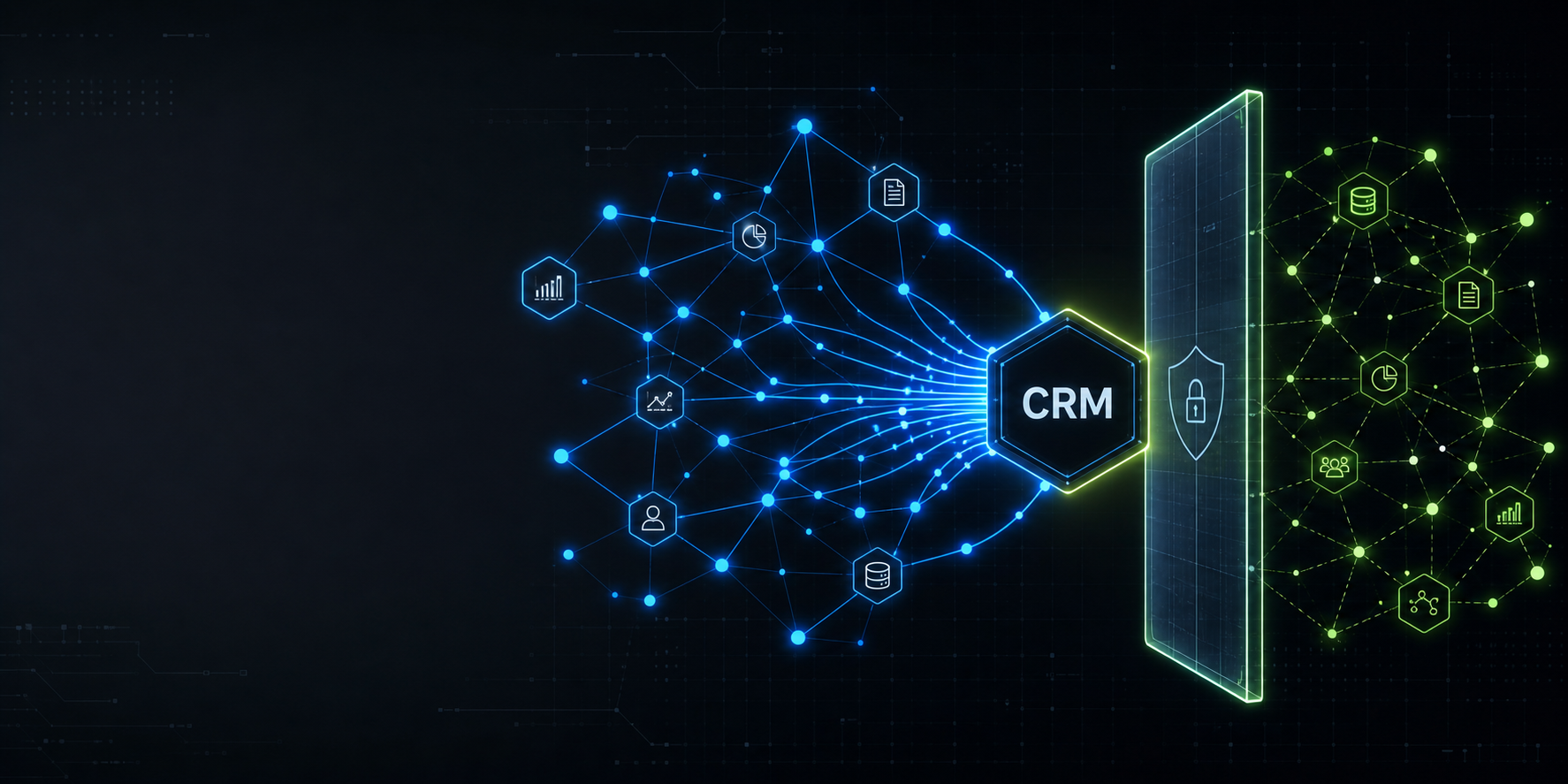 Abstract blue and green data network illustrating CRM data silos blocking advisor visibility for asset managers.