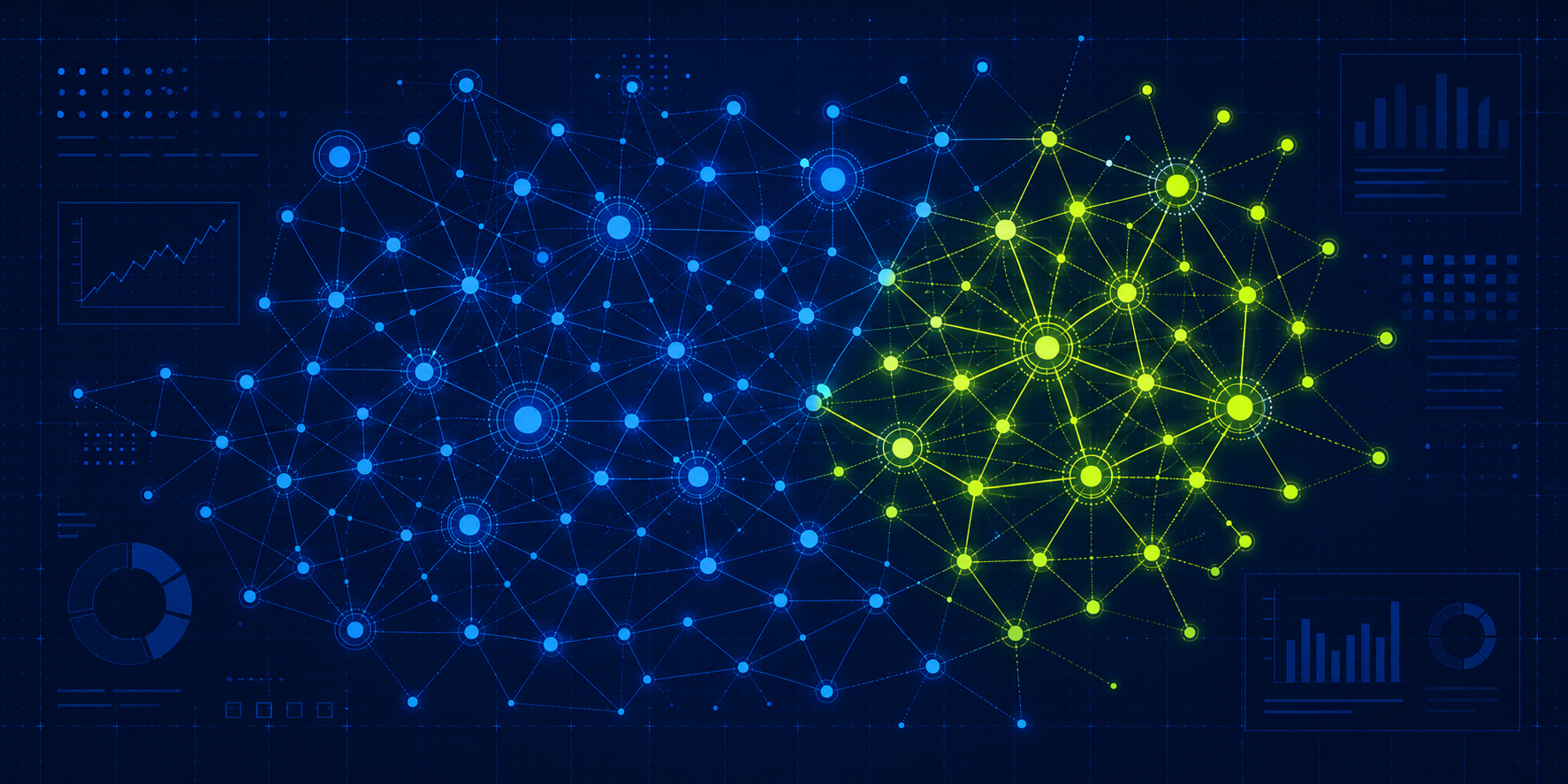 Blue and green data network showing CRM data gaps in asset management hiding advisor relationships from view.