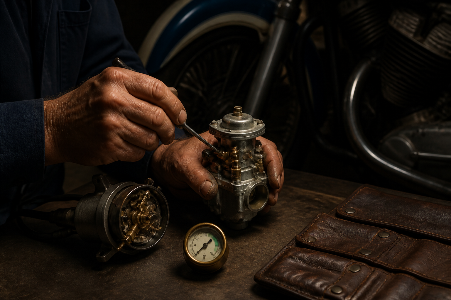 Mechanic's hands fine-tune a motorcycle engine, illustrating sales enablement ROI built from tools already on hand