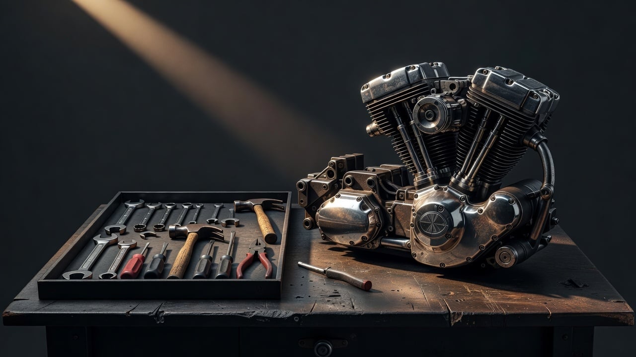 Classic American V-twin motorcycle engine and tool tray on a dark workbench, lit by a single warm light — symbolizing a well-tuned distribution engine.