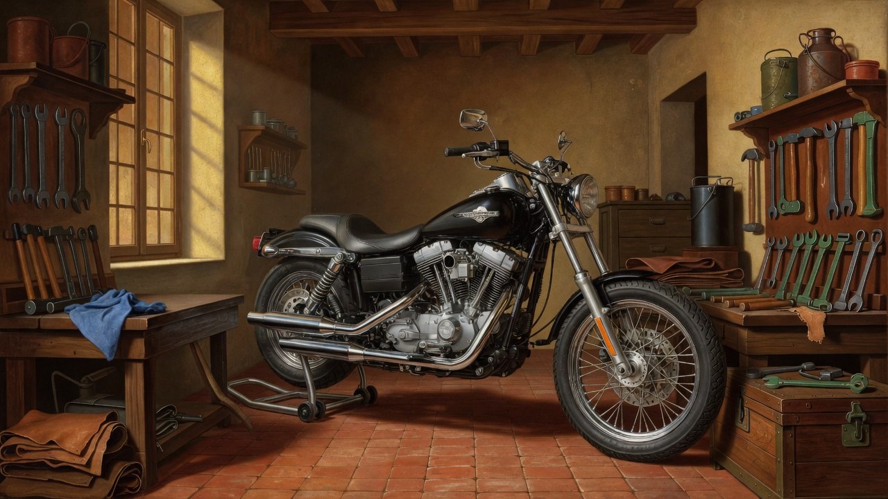 Full-size classic cruiser in a timber workshop stocked with tools already on the bench — work with what you own before buying another pack.